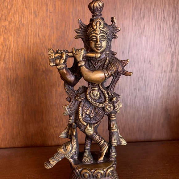 Bronze Krishna Standing on a Lotus Playing the Flute Figurine Brass Statue - Picture 2 of 9